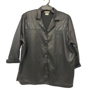 Gepetto Black Embellished Faux Leather Button Up Shirt Womens Size L Long Sleeve